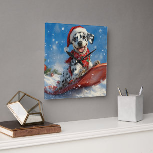 Dalmatian Dog in Sledge Let it Snow Christmas Square Wall Clock