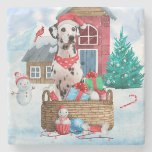 Dalmatian Dog In snow Christmas Dog House Stone Coaster