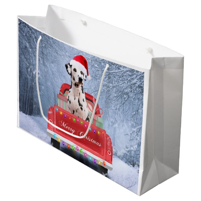 Dalmatian Dog in Snow sitting in Christmas Truck Large Gift Bag (Front Angled)