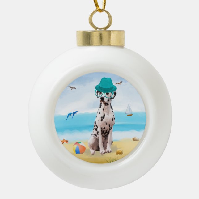 Dalmatian Dog on Beach  Ceramic Ball Christmas Ornament (Front)