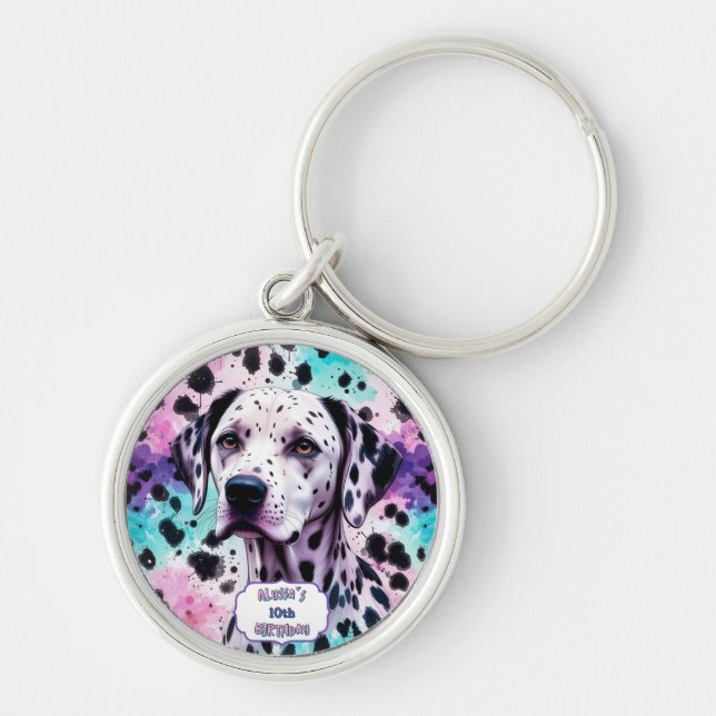 Dalmatian Dog Pink Purple Turquoise Birthday Key Ring (Front)