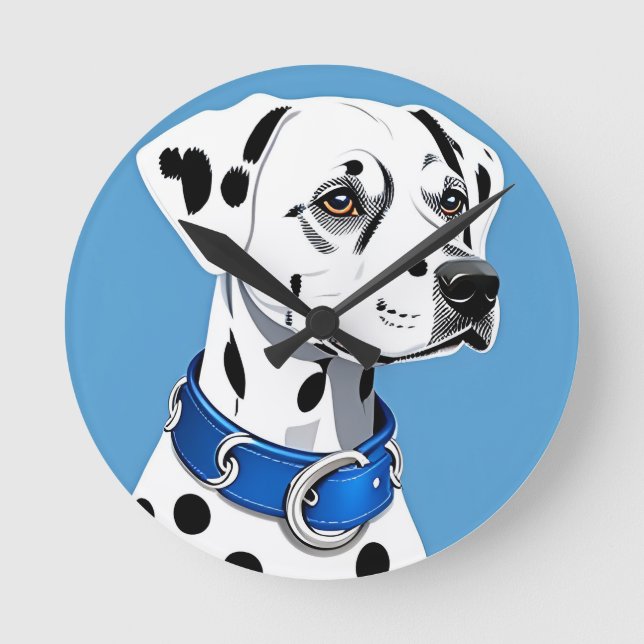 Dalmatian Dog Portrait With Blue Collar Round Clock (Front)
