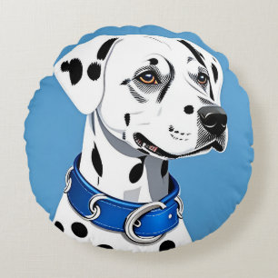 Dalmatian Dog Portrait With Blue Collar Round Cushion