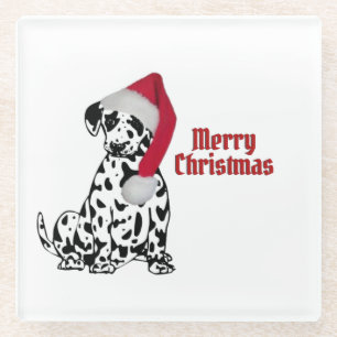 Dalmatian Dog Red Stocking Cap Merry Christmas Glass Coaster