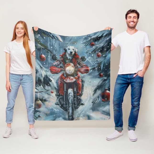 Dalmatian Dog Riding Motorcycle Christmas Fleece Blanket (In Situ)