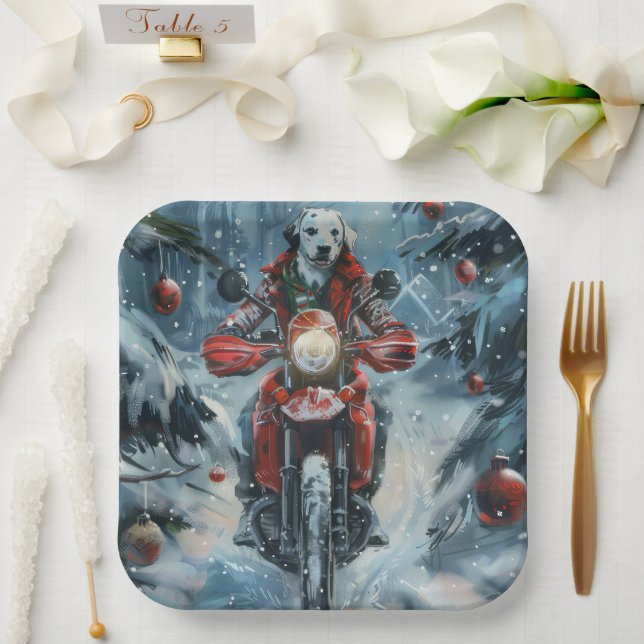 Dalmatian Dog Riding Motorcycle Christmas Paper Plate (Wedding)