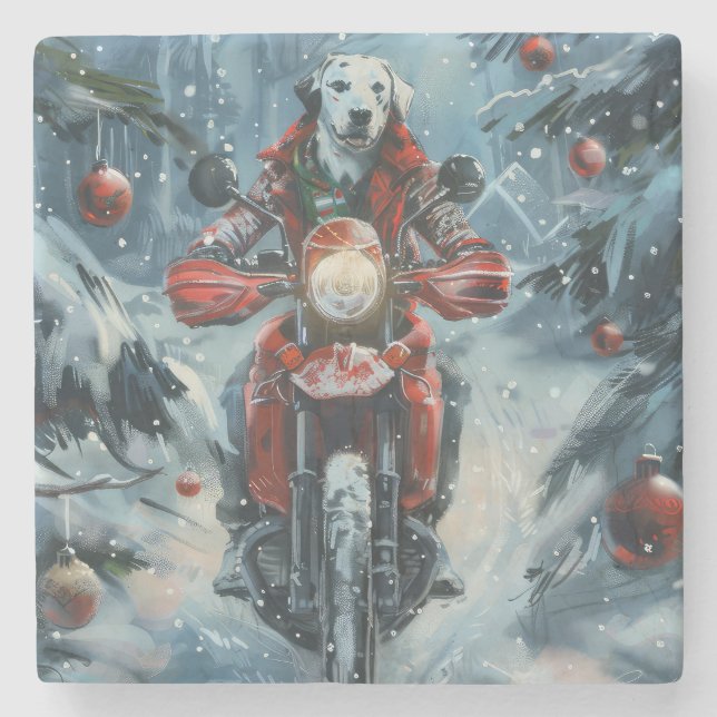 Dalmatian Dog Riding Motorcycle Christmas Stone Coaster (Front)