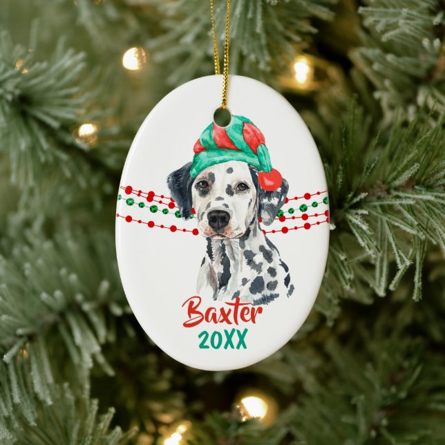 Dalmatian Dog Santa Hat Holiday String Beads Ceramic Tree Decoration (Tree)