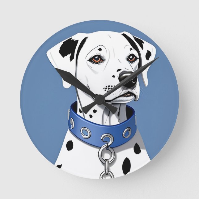Dalmatian Dog Wearing a Blue Collar Round Clock (Front)