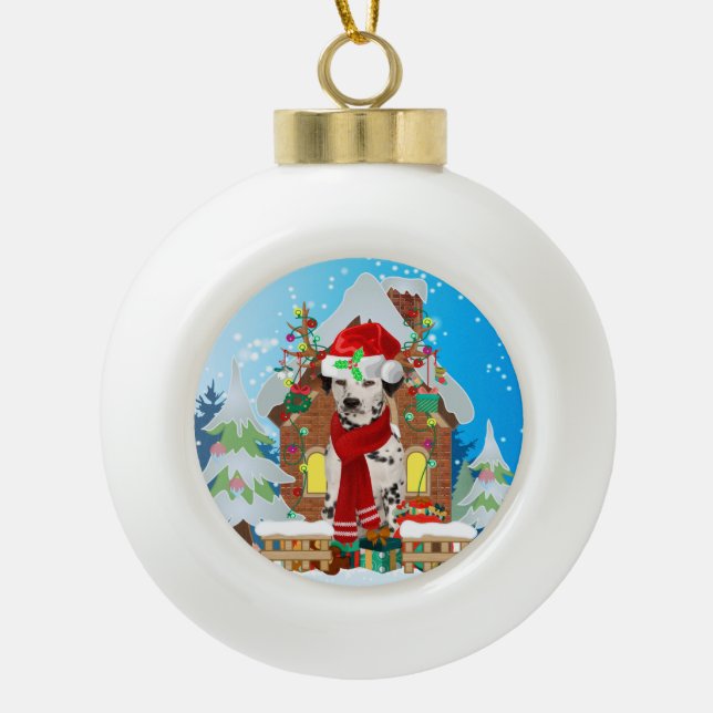 Dalmatian dog with Christmas gifts Ceramic Ball Christmas Ornament (Front)