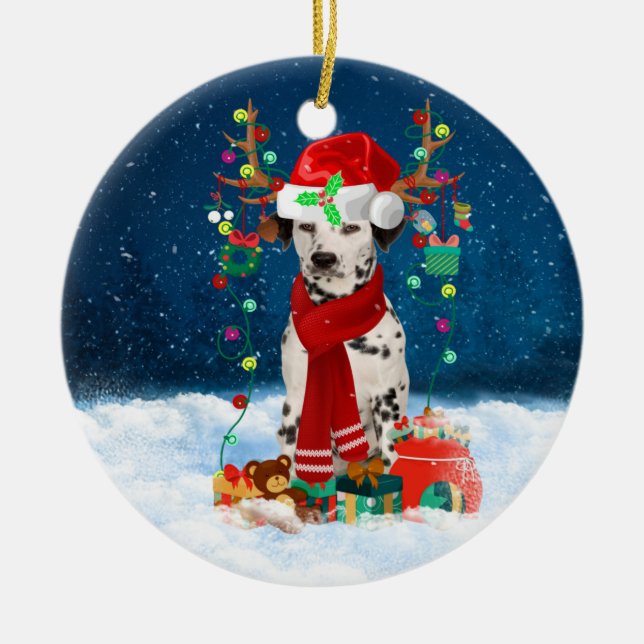 Dalmatian dog with Christmas gifts  Ceramic Tree Decoration (Front)