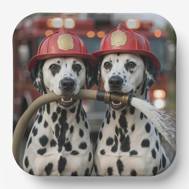 Dalmatian Dogs Holding a Fireman Hose Paper Plate (Front)