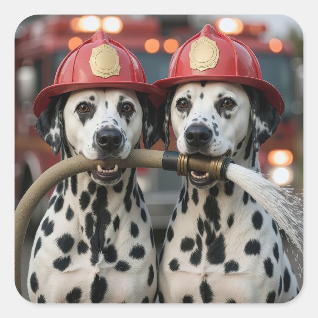 Dalmatian Dogs Holding a Fireman Hose Square Sticker (Front)
