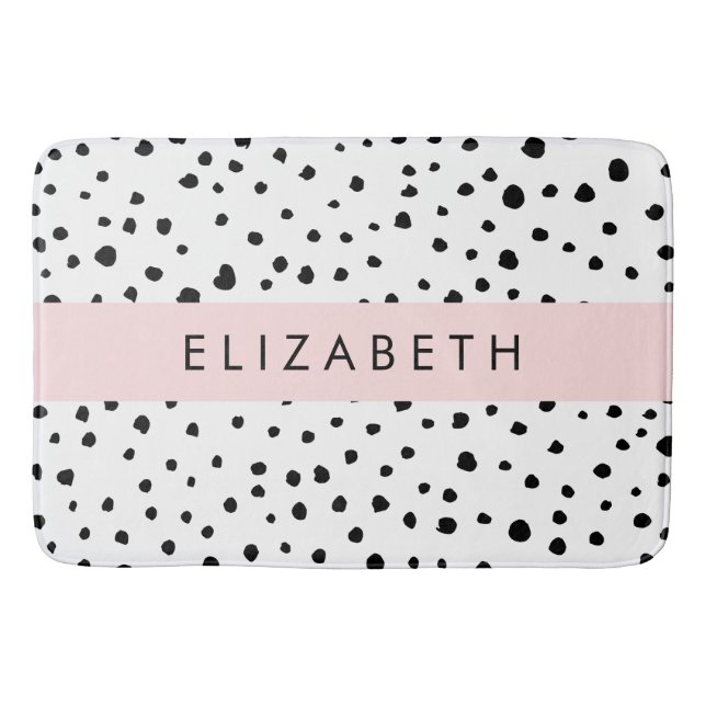 Dalmatian Dots, Spots, Black and White, Your Name Bath Mat (Front)
