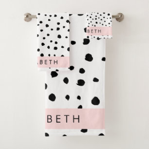 Dalmatian Dots, Spots, Black and White, Your Name Bath Towel Set