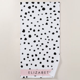 Dalmatian Dots, Spots, Black and White, Your Name Beach Towel