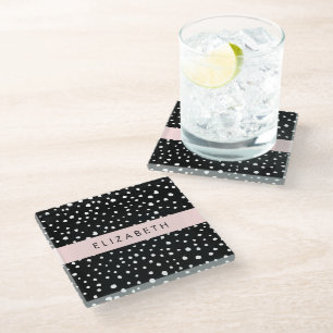 Dalmatian Dots, Spots, Black and White, Your Name Glass Coaster