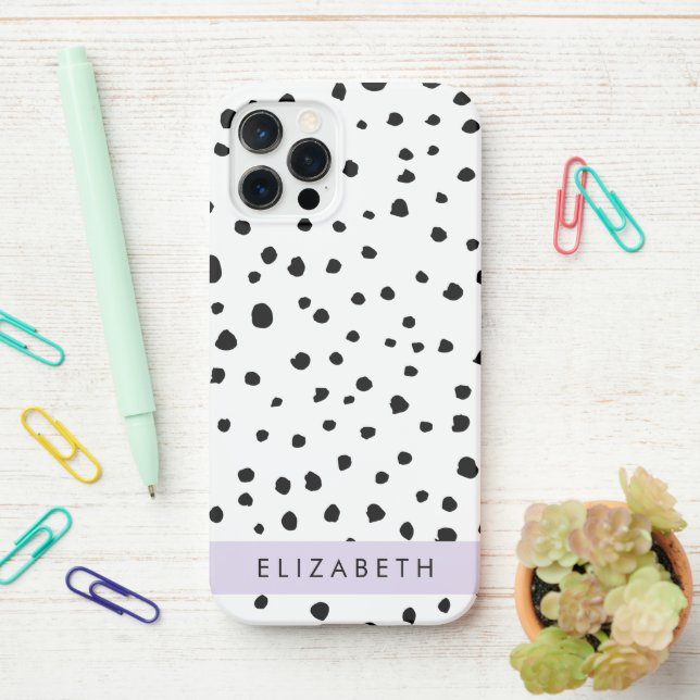 Dalmatian Dots, Spots, Black and White, Your Name iPhone Case (On Desk)