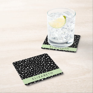 Dalmatian Dots, Spots, Black and White, Your Name Square Paper Coaster