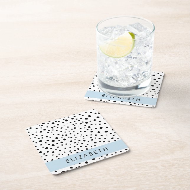 Dalmatian Dots, Spots, Black and White, Your Name Square Paper Coaster (Insitu)