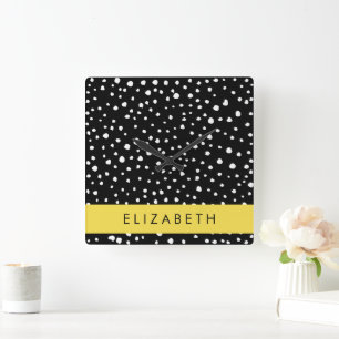 Dalmatian Dots, Spots, Black and White, Your Name Square Wall Clock