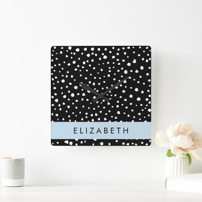Dalmatian Dots, Spots, Black and White, Your Name Square Wall Clock (Home)