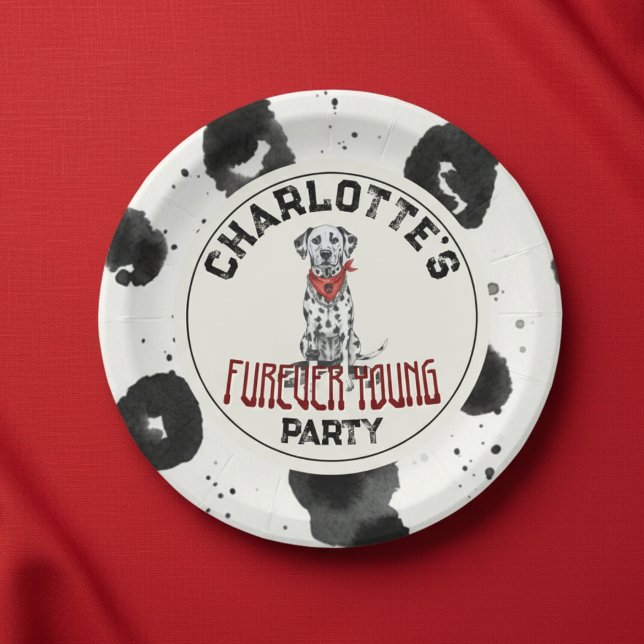Dalmatian Furever Young 1st Birthday Pawty Paper Plate (Celebrate your headliner's special day with this Dalmatian Furever Young 1st Birthday Pawty Plate!)