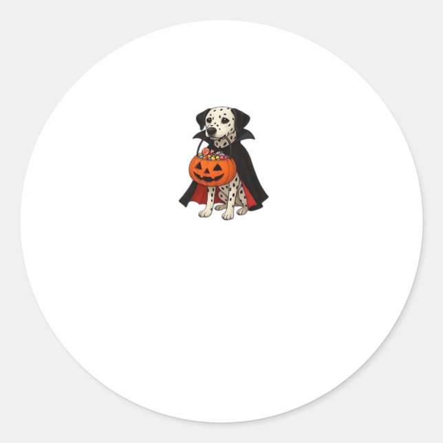 Dalmatian Halloween Vampire Dog with Pumpkin Baske Classic Round Sticker (Front)