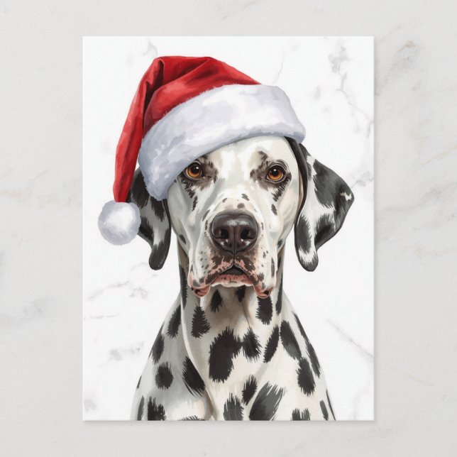 Dalmatian in Santa Hat Watercolor Xmas Holiday Postcard (Front)