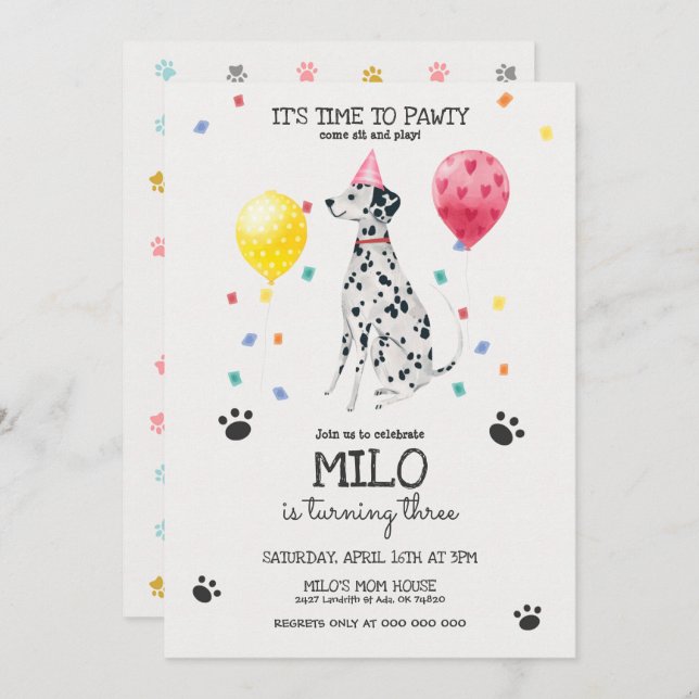Dalmatian Lets Pawty Dog Birthday Invitation Pink (Front/Back)