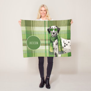 Dalmatian on Green Plaid with Dog's Name Fleece Blanket