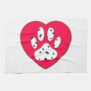 Dalmatian Paw Print In Red Heart Tea Towel
