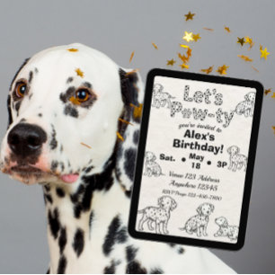 Dalmatian Pawty Black & White Illustrated Birthday Invitation
