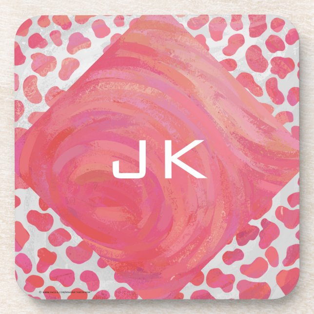 Dalmatian Pink and White with Monogram Coaster (Front)