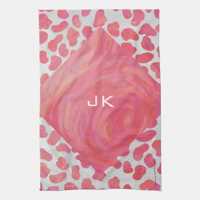 Dalmatian Pink and White with Monogram Tea Towel (Vertical)