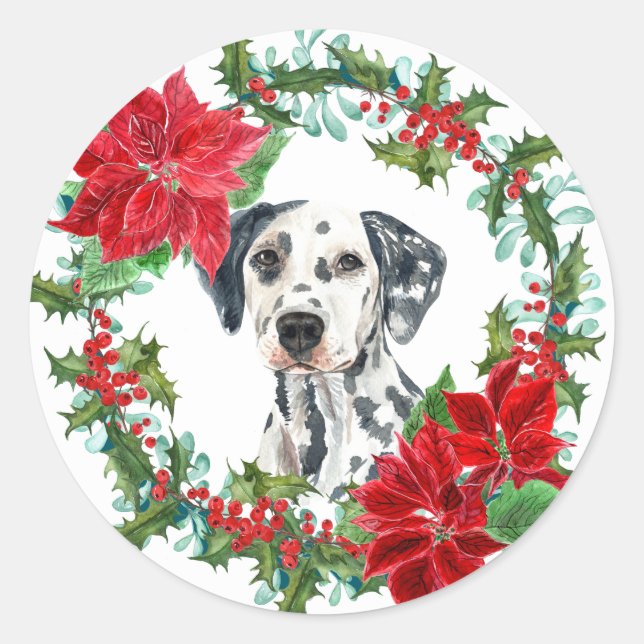 Dalmatian Poinsettia Holly Berry Christmas Wreath Classic Round Sticker (Front)
