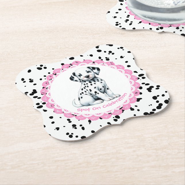 Dalmatian Print Birthday | Black and White party Paper Coaster (Angled)