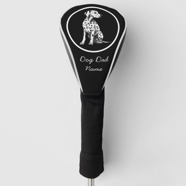 Dalmatian puppy  for dog dad with name on black    golf head cover (Front)