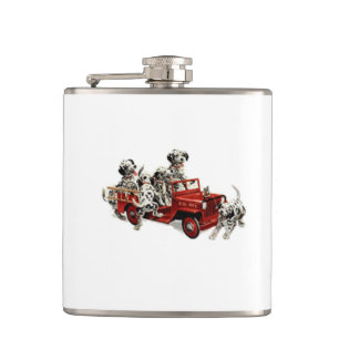 Dalmatian Pups with a Toy Fire Truck Hip Flask