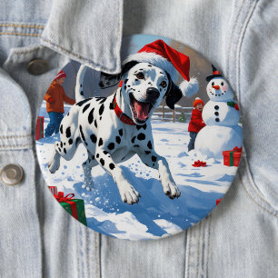 Dalmatian Running in Snow with Christmas Hat 6 Cm Round Badge