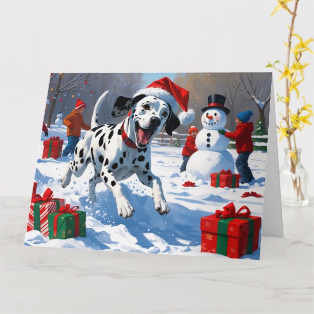 Dalmatian Running in Snow with Christmas Hat Card (Yellow Flower)