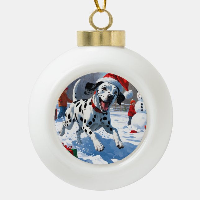 Dalmatian Running in Snow with Christmas Hat Ceramic Ball Christmas Ornament (Front)
