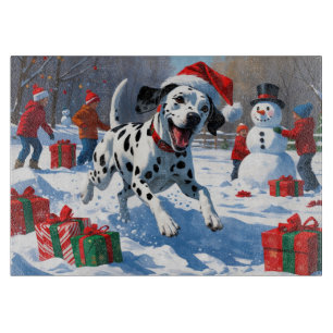 Dalmatian Running in Snow with Christmas Hat Cutting Board