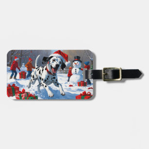 Dalmatian Running in Snow with Christmas Hat Luggage Tag