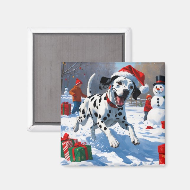 Dalmatian Running in Snow with Christmas Hat Magnet (Front/Back)