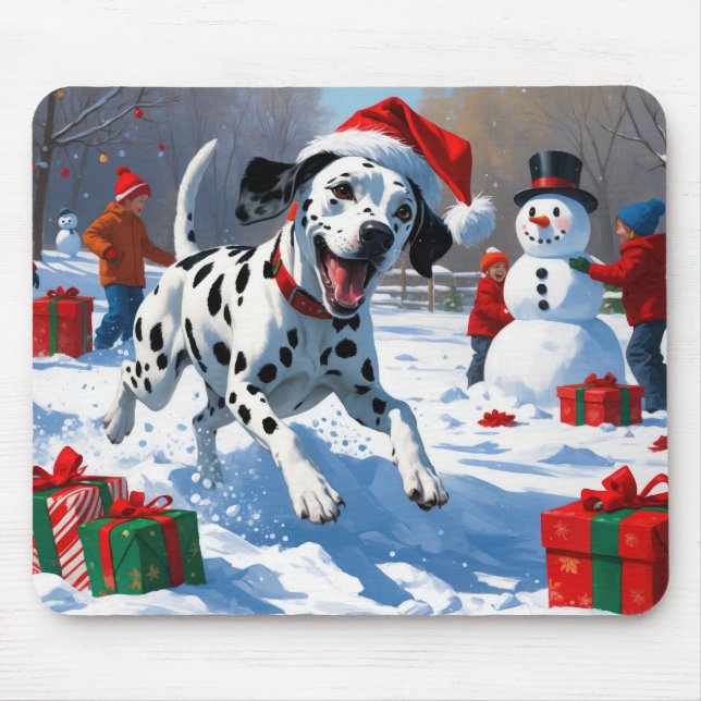 Dalmatian Running in Snow with Christmas Hat Mouse Pad (Front)