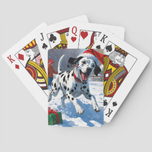 Dalmatian Running in Snow with Christmas Hat Playing Cards