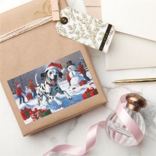 Dalmatian Running in Snow with Christmas Hat Rectangular Sticker
