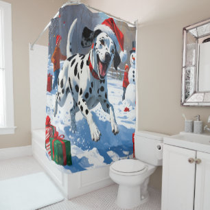 Dalmatian Running in Snow with Christmas Hat Shower Curtain