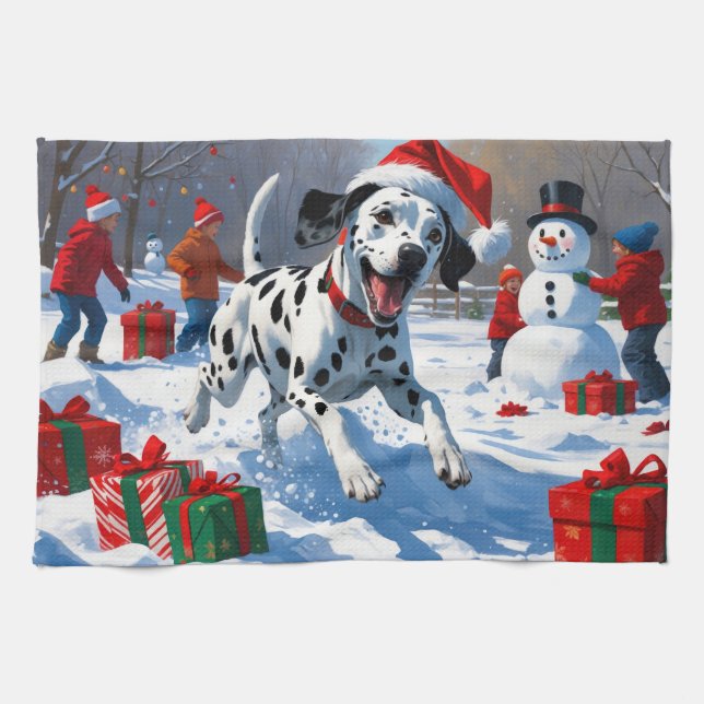 Dalmatian Running in Snow with Christmas Hat Tea Towel (Horizontal)